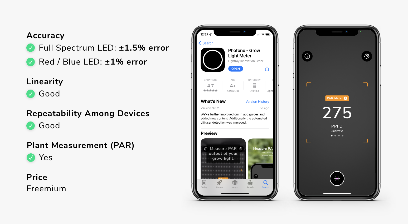Photone is the best plant light meter app on iOS and Android. It's the only app that is accurate, linear, repeatable among different devices, and offers PAR measurement with its PPFD meter.